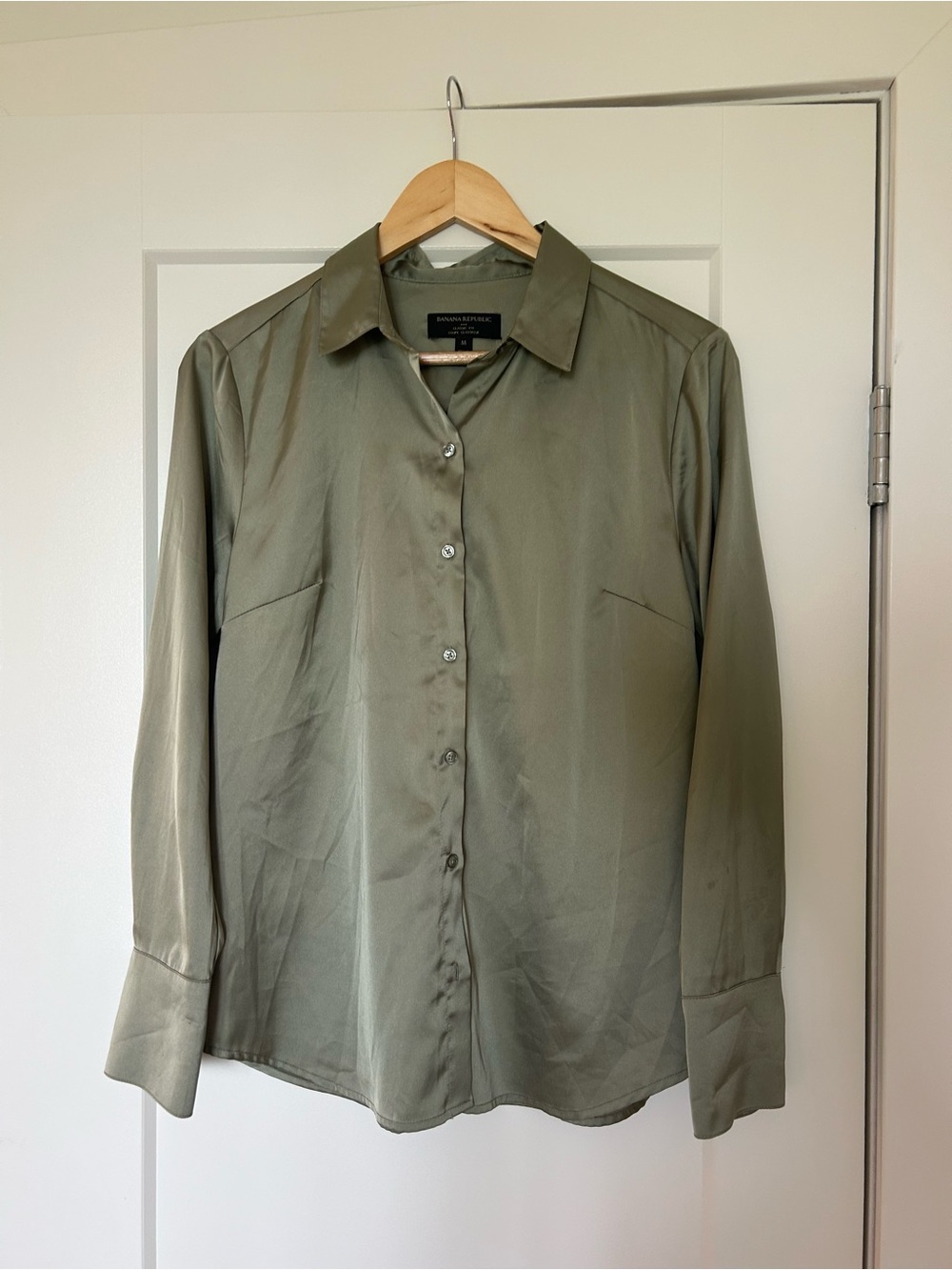 Banana Republic Olive Green Satin  Button Down Blouse